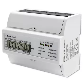 Qoltec Trīsfāžu Divvirzienu Elektroniskais Skaitītājs | DIN sliedes enerģijas patēriņa mērītājs | 400V | 100A | LCD | 4P