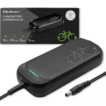 Ebike lādētājs QOLTEC 50332 — 36V/42V izeja, 2A, 5.5×2.1 mm spraudnis