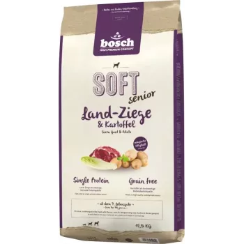 Sausā suņu barība Bosch Soft Senior Goat & Potato 12.5 kg — senior formula, mīkstas granulas, bez graudiem, 19% olbaltumvielu