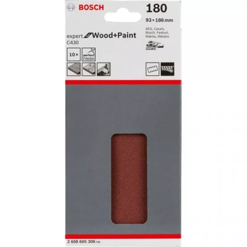 Slīpēšanas loksne Bosch C430 Expert for Wood and Paint, smalka graudainība P180, 93x186 mm, 10 gab.