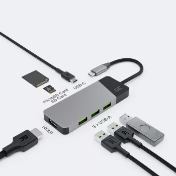 USB Type-C centrmezgls Green Cell HUBGC01 — 7 porti: 3×USB-A 3.2 Gen 1, 1×USB-C 3.2 Gen 1, HDMI, microSD+SD karšu lasītājs — Sudrabs