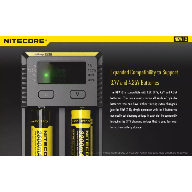Lādētājs Nitecore NEW i2 — 2 slotu lādētājs LiFePO4, Li-Ion, NiMH; 100–240 V; 9–12 V; AAAA/C/D/AAA/AA; melns