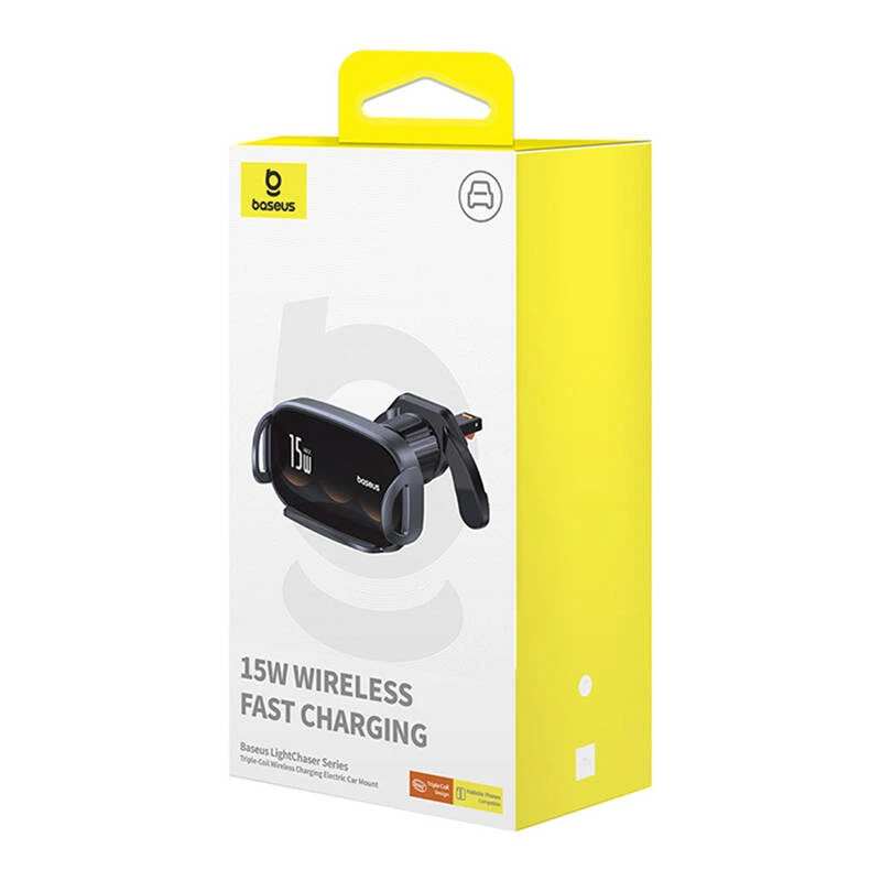 Baseus LightChaser BS-CM029 15W bezvadu lādēšanas auto telefona turētājs gaisa ventilācijas restēm, melns