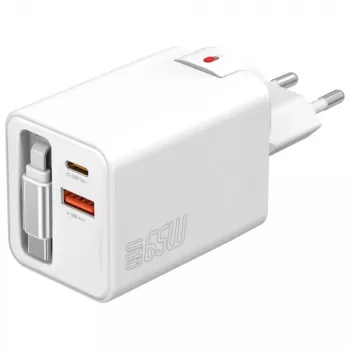 Iekštelpu USB-C/USB-A ātrais lādētājs 4smarts 541065 — universāls AC 100–240V, maks. 20V, 0,7 m kabelis, balts