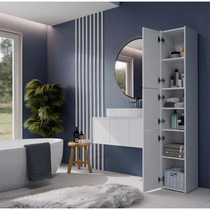 Brīvi stāvošs vannas istabas skapis S33 BIEL — balts, 6 plaukti, 300×300×1700 mm
