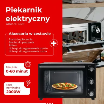 Elektriskā cepeškrāsns Adler AD 6028 — 60 L, 2000 W, brīvi stāvoša, rotējošas vadības, rotisserie, max 230°C, melna