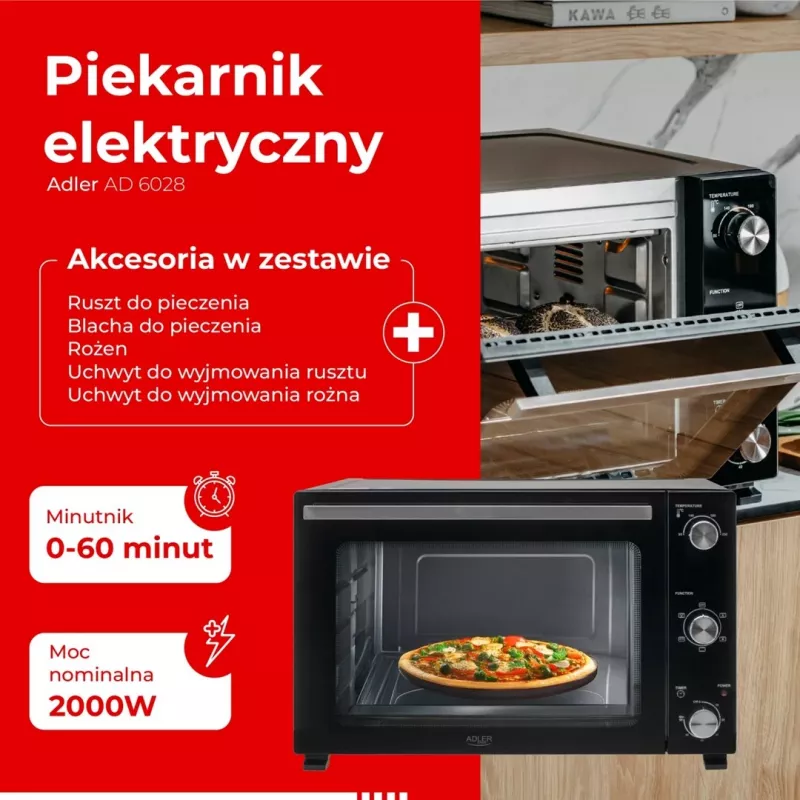 Elektriskā cepeškrāsns Adler AD 6028 — 60 L, 2000 W, brīvi stāvoša, rotējošas vadības, rotisserie, max 230°C, melna