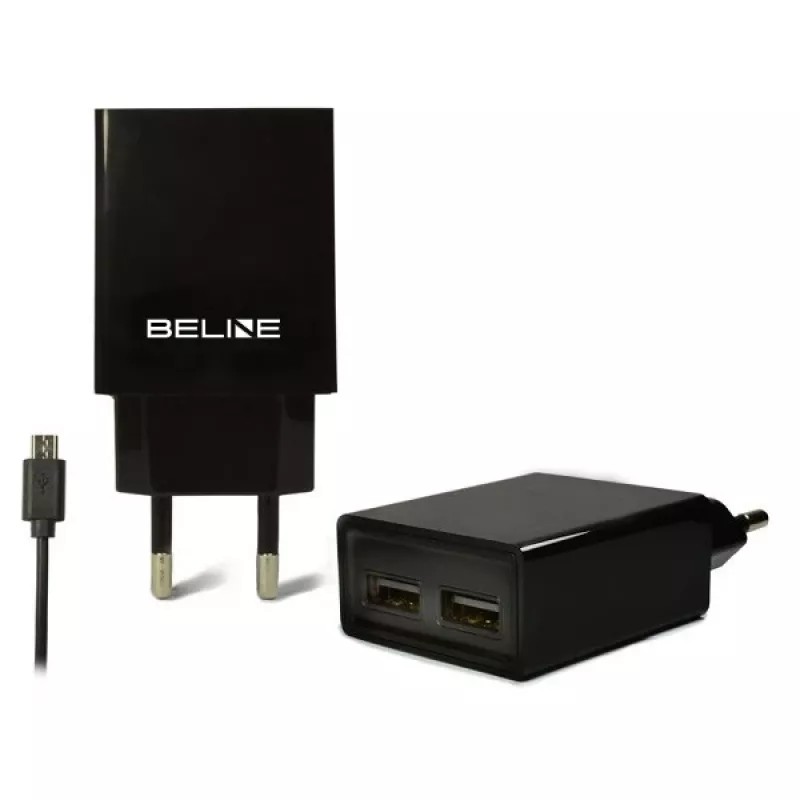 Ceļojumu lādētājs Beline Beli0011 — 2× USB porti, microUSB kabelis, 2A izvade, melns