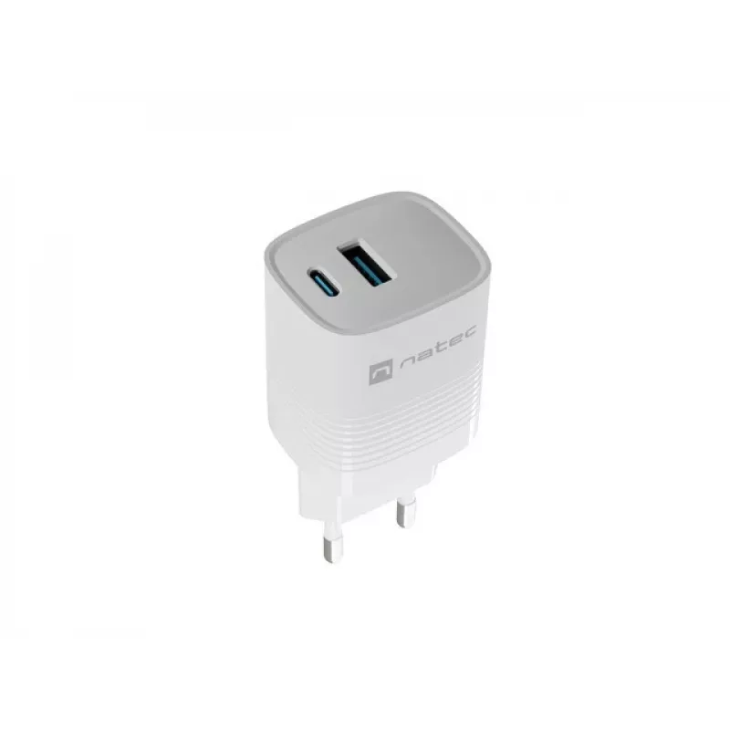 Vadu mobilās ierīces lādētājs NATEC NUC-2140, 30W, USB-C PD 3.0 + USB-A, Samsung AFC, Balts