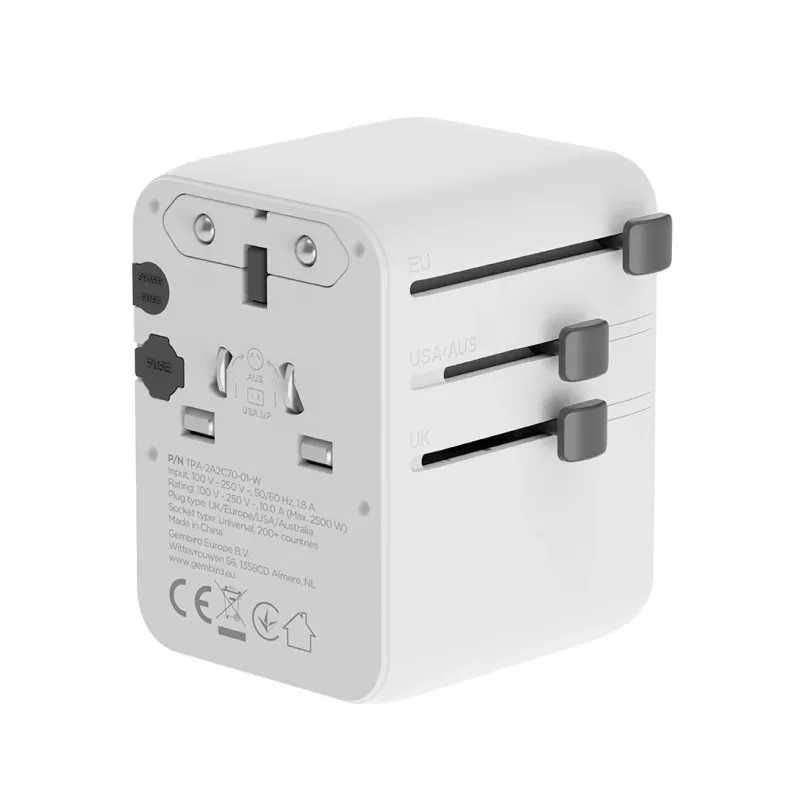 Ceļojumu adapteris GEMBIRD TPA-2A3C70-01-W — I tipa spraudnis, 3× USB-C (70W), 2× USB-A (18W), 100–250V, balts