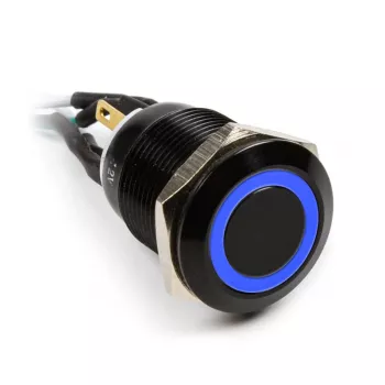 Vandālizturīga spiedpoga Impactics 19mm, IP65, zila LED, melna