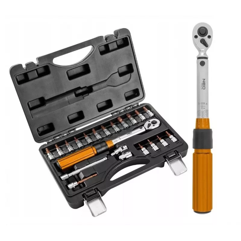 Neo Tools 1/4 divvirzienu griezes momenta atslēga, 5-25 Nm, 21 daļu komplekts