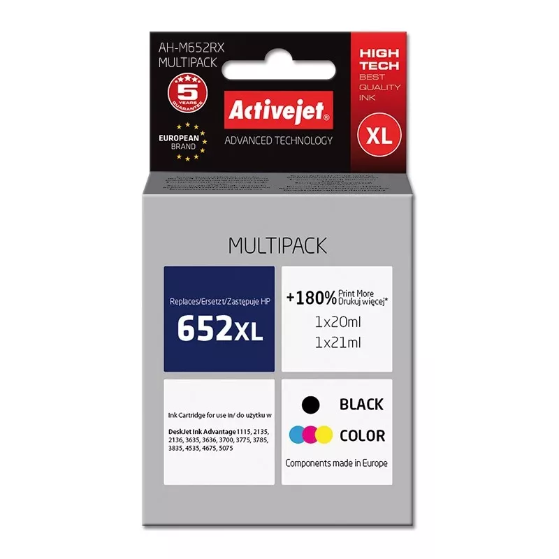 Activejet AH-M652RX tinte (aizstāj HP 652 F6V25AE/F6V24AE; Premium; 1 x 20 ml, 1 x 21 ml; melna, krāsu)