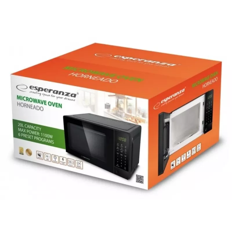 Solo mikroviļņu krāsns ESPERANZA EKO009 — 700 W, 20 L, LED displejs, skārienvadība, 24,5 cm stikla pagrieziena galds, melna