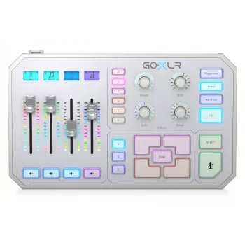 USB audio mikseris TC‑Helicon GO XLR‑WH balts — 1 XLR mikrofona ieeja, USB‑B, 48 V fantombarošana, 24 biti/48 kHz, optiskā izeja
