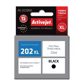 Aktīvā tintes kasetne ActiveJet AE-202BNX Melna saderīga ar Epson 202XL, 20 ml, XL augstas ietilpības, pigmenta tinte, ar mikroshēmu