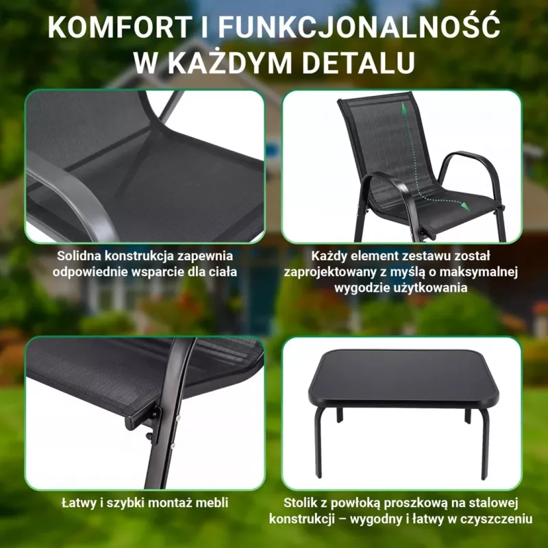 Extralink Black Forest dārza mēbeļu komplekts, Textilene divi krēsli + melns galds