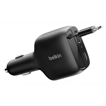 Belkin 75W 2-Port uzlādes lādētājs ar ievelkamu USB-C kabeli automašīnai (CCC001HQBK)