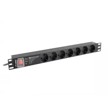 Strāvas sadales iekārta LANBERG PDU-PRO-07F-0200-BK — 1U statīva PDU, 7 F tipa kontaktligzdas, 16 A, 2 m kabelis, melna