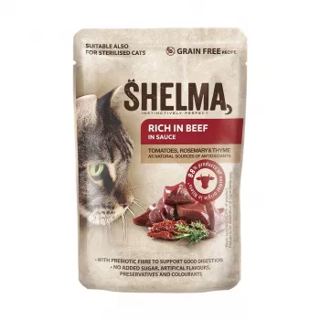 Slapjā kaķu barība SHELMA paciņa 4×85 g — pieaugušu kaķu pilnvērtīga barība ar lasi, mencu, liellopu gaļu, vistu
