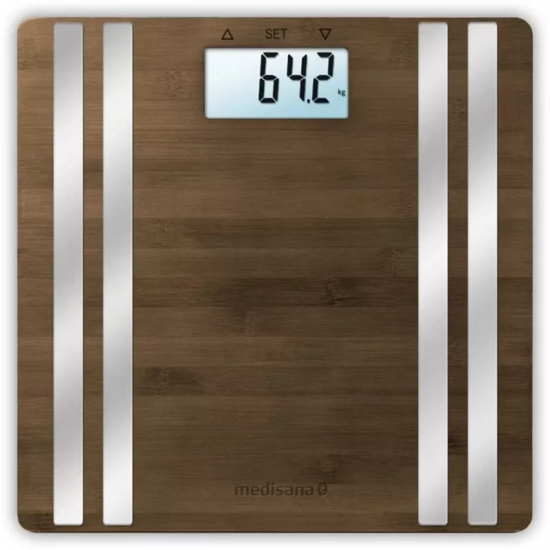 Medisana BS 552 elektroniskie personīgie svari — sudraba bambusa virsma, maks. 180 kg, 100 g precizitāte, Bluetooth, ĶMI, ķermeņa sastāvs