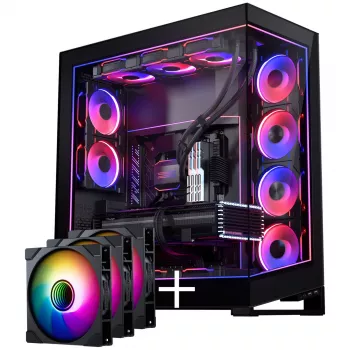 PHANTEKS NV Series NV7 E-ATX korpuss, rūdīts stikls, ARGB - melns & M25 Gen2 PWM D-RGB ventilators 3 komplekts - reversais lāpstiņas, 140mm + DRGB komplekts
