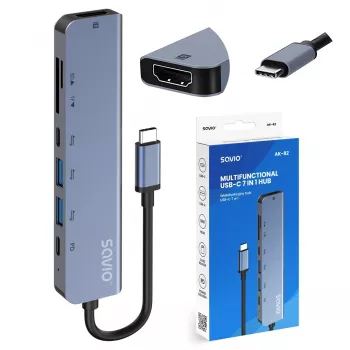 USB Type-C centrmezgls SAVIO AK-82 ar HDMI, MicroSD, USB 3.2 Gen1, PD caurlaidi, 4K@30Hz, 5000 Mbit/s, melns