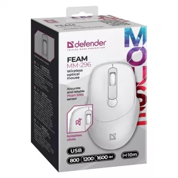 Bezvadu pele DEFENDER 52297 Silent Click — ambidekstrāla, 2.4 GHz nano USB, 1600 DPI, balta