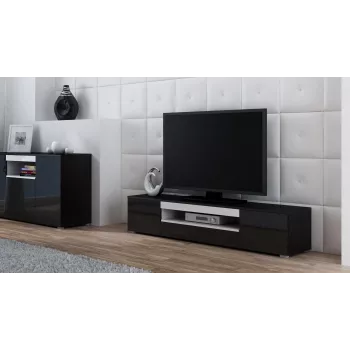 TV statīvs cama meble VIVA 180 — 1800×400×370 mm, melna skaidu plātne, melns rāmis, balti akcenti
