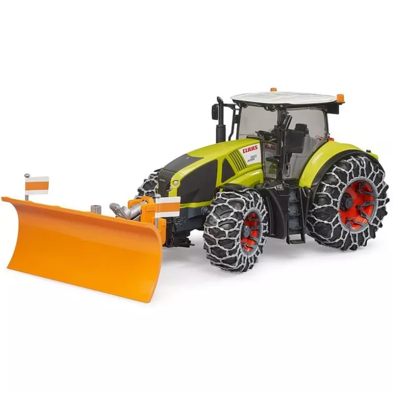 Traktors BRUDER Claas Axion 950 ar sniega ķēdēm un sniega lāpstu, mēroga modelis