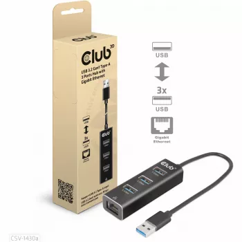 USB Hubs CLUB3D USB 3.2 Gen1 Type-A 3 Porti ar Gigabit Ethernet