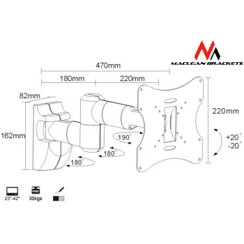 Sienas stiprinājums MACLEAN MC-503A S 23–42 collu ekrāniem, slīpums ±20°, VESA 75×75–200×200, 30 kg, sudrabs