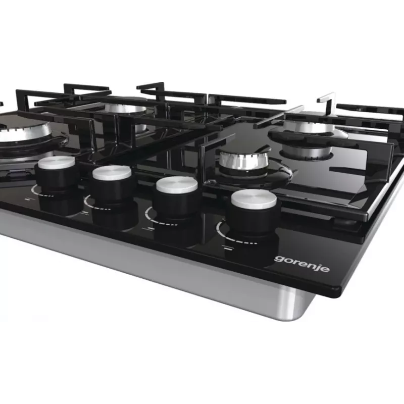 Gāzes plīts virsma Gorenje GT641KB, iebūvējama 60 cm, 4 gāzes zonas, rūdīts stikls, čuguna režģi, rotācijas pogas