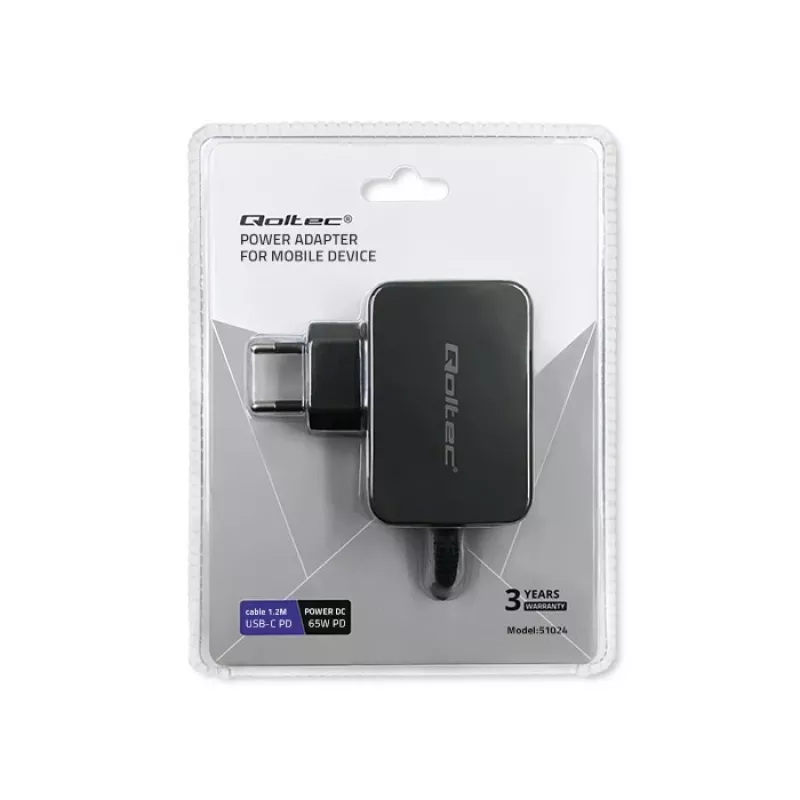 Mobilās ierīces lādētājs QOLTEC 51024 — Universāls AC iekštelpu lādētājs, 65W PD, 20V/3.25A, 1.2m kabelis, Melns