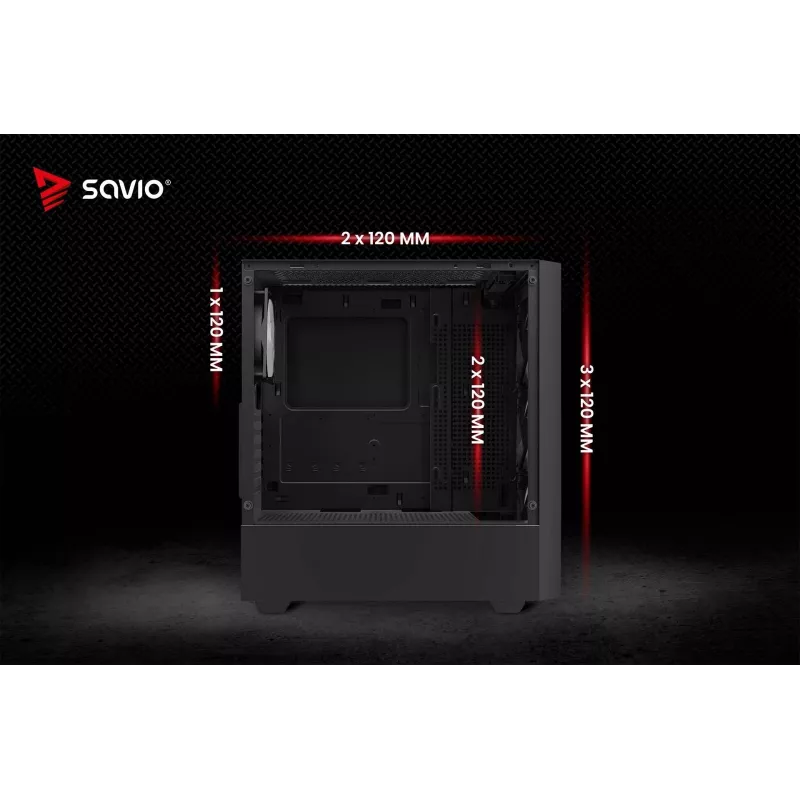 PC korpuss SAVIO Noctis Flow RGB — Cube, ATX/Mini-ITX, 3x 120 mm priekšējie ventilatori, rūdīta stikla sāns, max GPU 35 cm