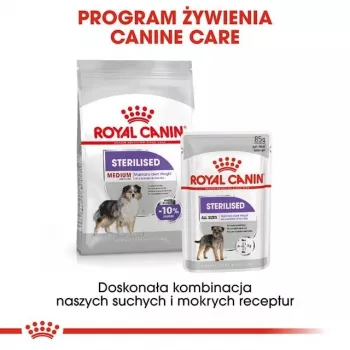Sausā suņu barība Royal Canin Medium Sterilised Adult 12 kg — sterilizētiem vidēju šķirņu pieaugušiem suņiem, putnu gaļa, olbaltumvielas 28%, tauki 13%