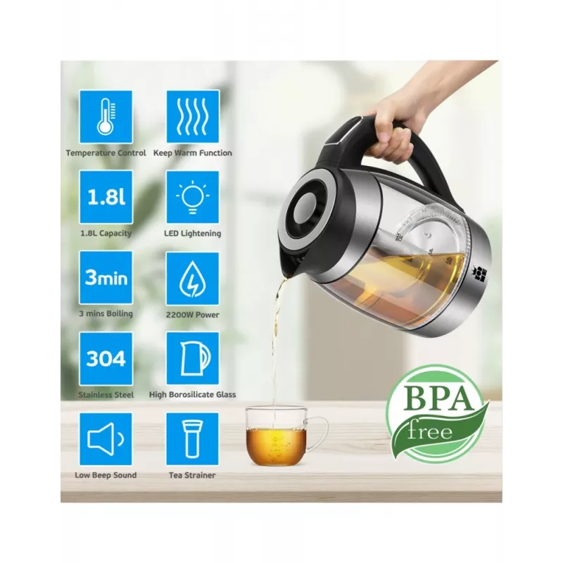 Forme FKG-448 stikla elektriskā tējkanna, 1,8 l, 2200 W, temperatūras regulēšana, pelēka