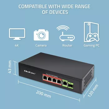 QOLTEC 52296 Ethernet PoE slēdzis — 4x RJ45 PoE porti, 1x RJ45 uplink