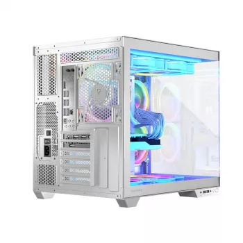 PC korpuss MODECOM Volcano Panorama Midi Tower balts — micro ATX, rūdīts stikls, ARGB, USB-C, atbalsta GPU līdz 400 mm