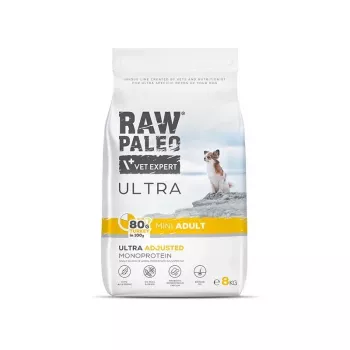 Sausā suņu barība VETEXPERT RAW PALEO Ultra Mini Adult Turkey 8 kg – pilnvērtīga grauzdiņu barība pieaugušiem mazo šķirņu suņiem, 24,5% olbaltumvielu, 14% tauku