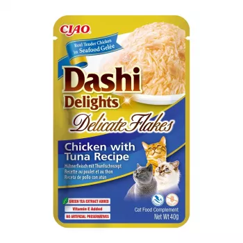 Slapjie kaķu gardumi INABA Dashi Delights Delicate Flakes Chicken with Tuna 40 g paciņa