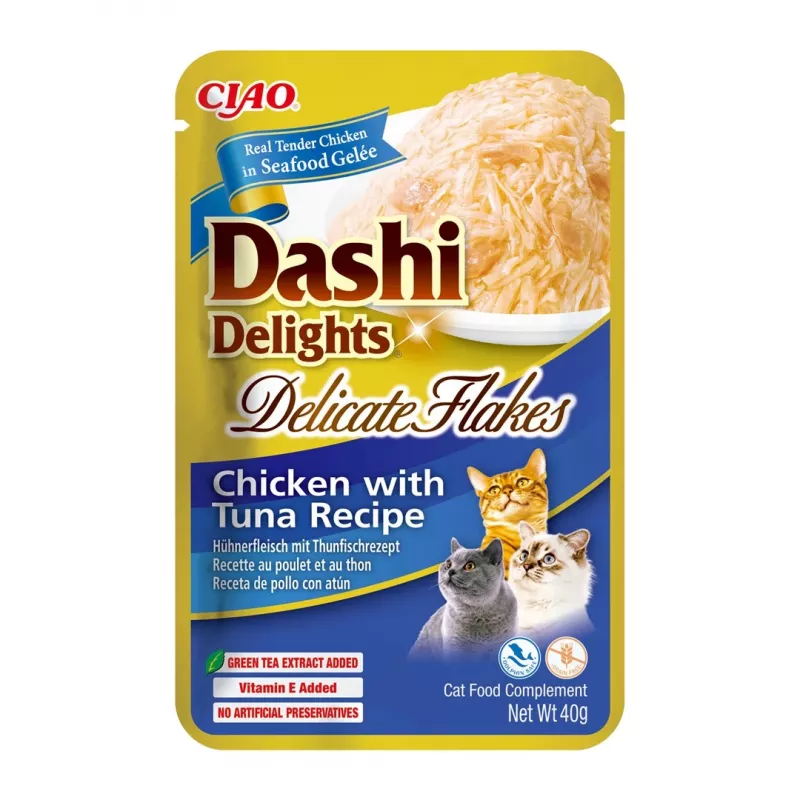 Slapjie kaķu gardumi INABA Dashi Delights Delicate Flakes Chicken with Tuna 40 g paciņa