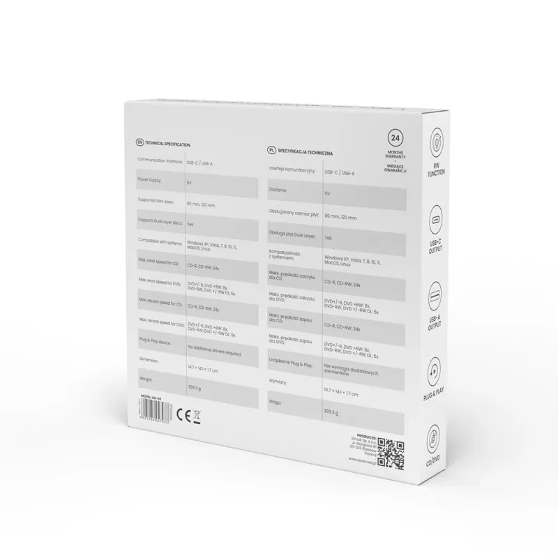 SAVIO AK-59 ārējais slinkais CD/DVD ierakstītājs R/RW - USB-C/USB-A, melns