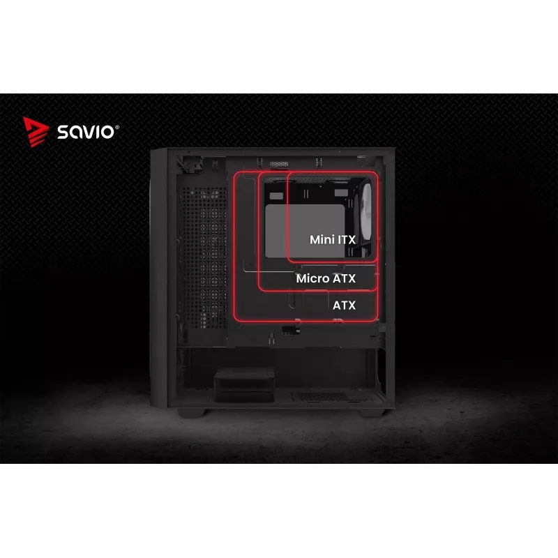 PC korpuss SAVIO Noctis Flow RGB — Cube, ATX/Mini-ITX, 3x 120 mm priekšējie ventilatori, rūdīta stikla sāns, max GPU 35 cm