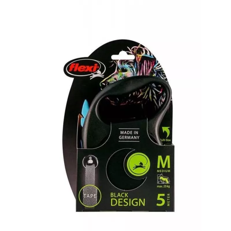 Suņa izvelkamā pavada Flexi Black Design M — 5 m lente, 25 kg slodze, ergonomisks rokturis