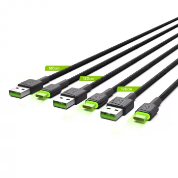 USB-C kabelis Green Cell KABGCSET02 1.2 m (USB A uz USB C, 2.4 A, 480 Mbps) 3 komplekts ar LED fona apgaismojumu