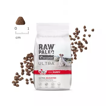 Sausā suņu barība VETEXPERT RAW PALEO Ultra Mini Puppy Beef 750 g – bezgraudu, olbaltumvielas 30.5%, tauki 16.5% mazām šķirnēm (5–10 kg)