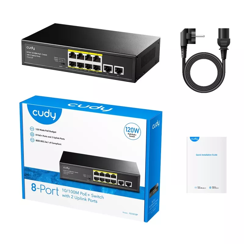 Nepārvaldāms tīkla slēdzis Cudy FS1010P ar 8 PoE+ un 2 uplink portiem, Fast Ethernet (10/100), 120 W, melns
