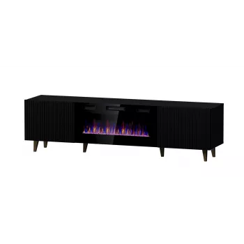 TV skapis Cama Meble PAFOS EF ar elektrisko kamīnu 180x42x49 cm, melns matēts, 2 durvis, 1400–1600 W