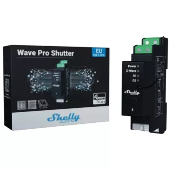 Žalūziju vadības modulis Shelly Wave Pro Shutter, melns, plastmasas korpuss, 110–240 V AC, 50–60 Hz, 0.3 W, 19×69×94 mm